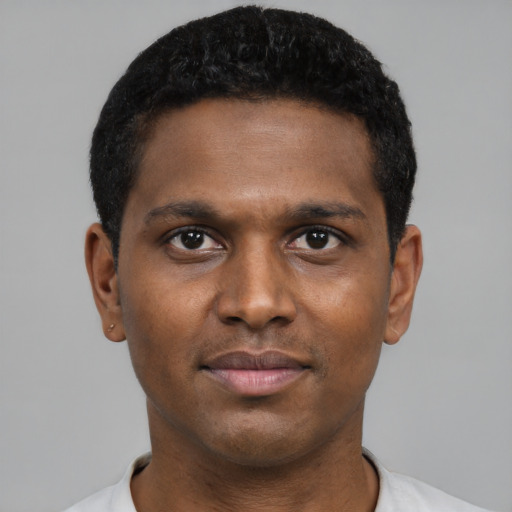 Neutral black young-adult male with short  black hair and brown eyes