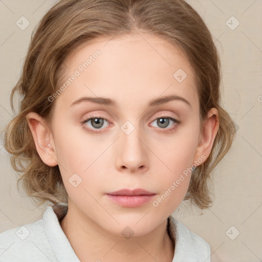 Neutral white young-adult female with medium  brown hair and blue eyes