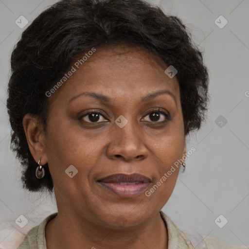 Joyful black adult female with medium  brown hair and brown eyes