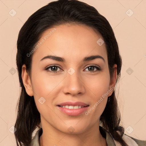 Joyful white young-adult female with medium  brown hair and brown eyes