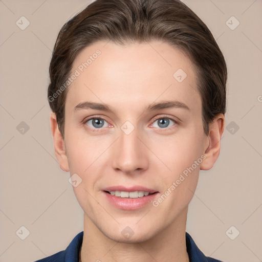 Joyful white young-adult female with short  brown hair and grey eyes