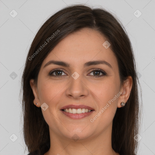 Joyful white young-adult female with long  brown hair and grey eyes