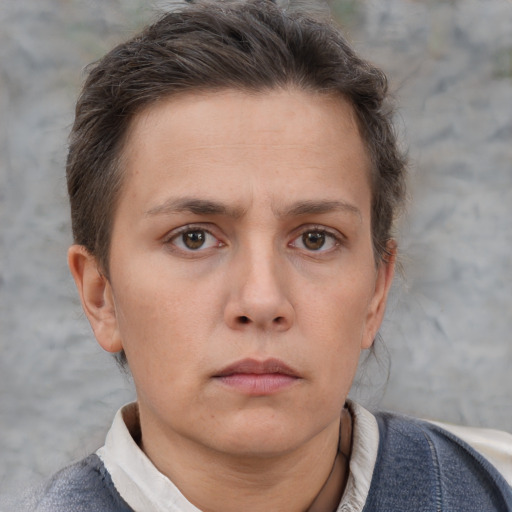 Neutral white young-adult female with short  brown hair and brown eyes