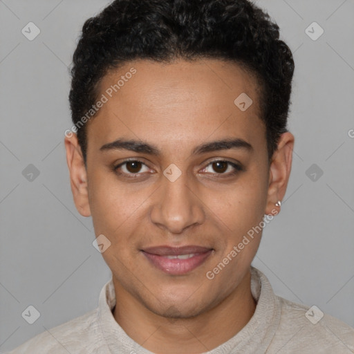 Joyful latino young-adult female with short  brown hair and brown eyes