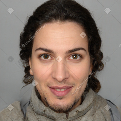 Joyful white adult female with medium  brown hair and brown eyes