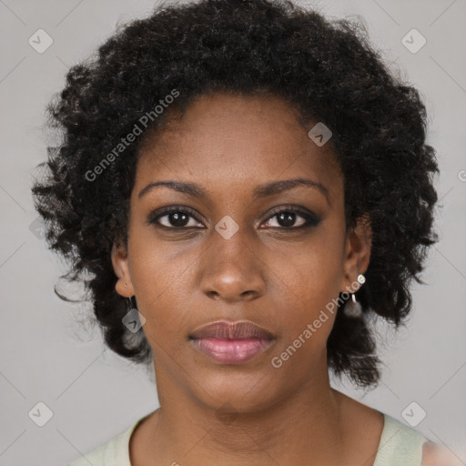 Neutral black young-adult female with short  black hair and brown eyes