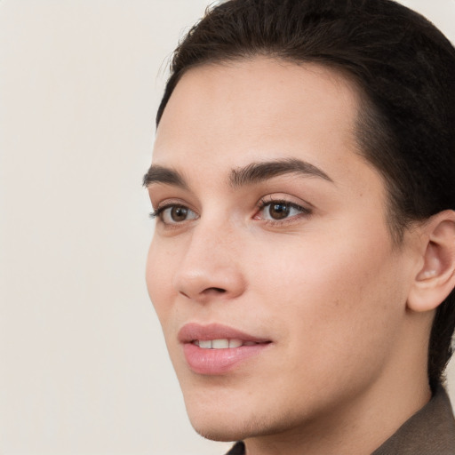 Neutral white young-adult female with short  brown hair and brown eyes