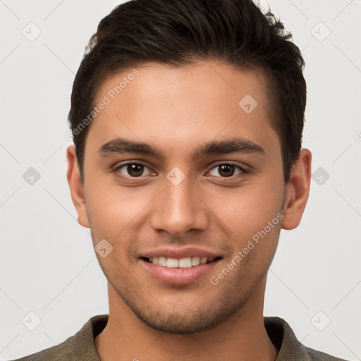 Joyful white young-adult male with short  brown hair and brown eyes