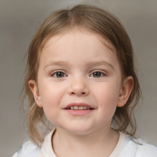 Joyful white child female with medium  brown hair and blue eyes