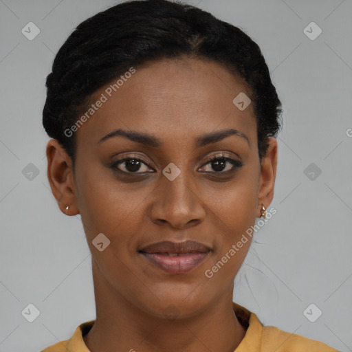 Joyful latino young-adult female with short  brown hair and brown eyes