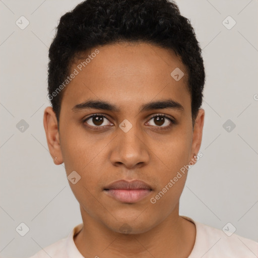 Neutral latino young-adult male with short  black hair and brown eyes