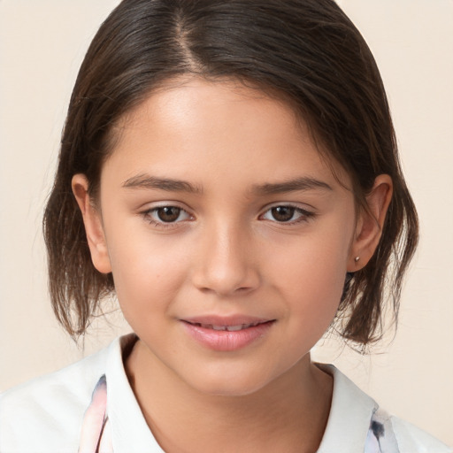 Joyful white child female with medium  brown hair and brown eyes