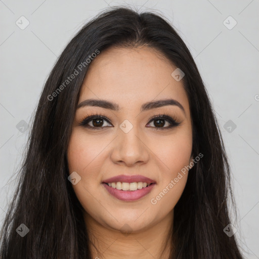 Joyful white young-adult female with long  brown hair and brown eyes