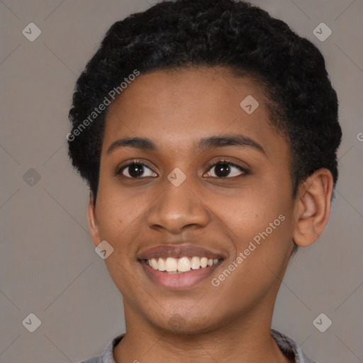 Joyful latino young-adult female with short  black hair and brown eyes