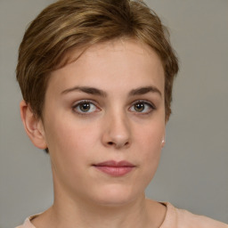 Neutral white young-adult female with short  brown hair and brown eyes