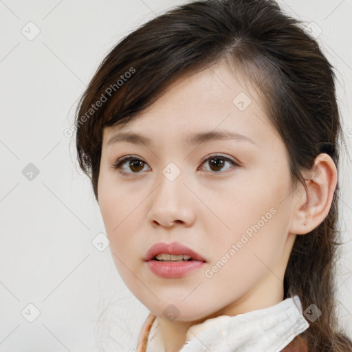 Neutral white young-adult female with medium  brown hair and brown eyes