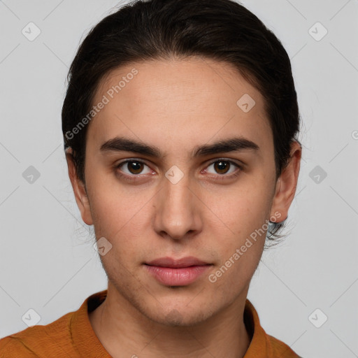 Neutral white young-adult male with short  brown hair and brown eyes