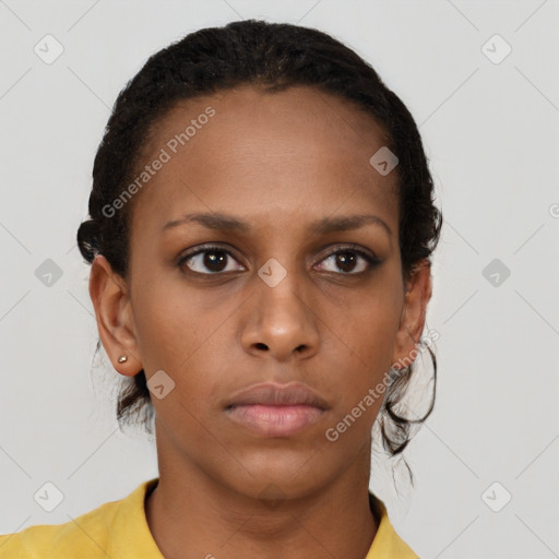 Neutral black young-adult female with short  brown hair and brown eyes