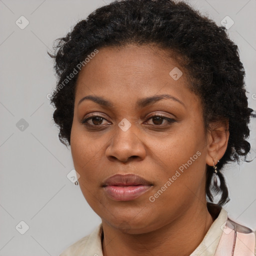 Joyful black adult female with short  brown hair and brown eyes