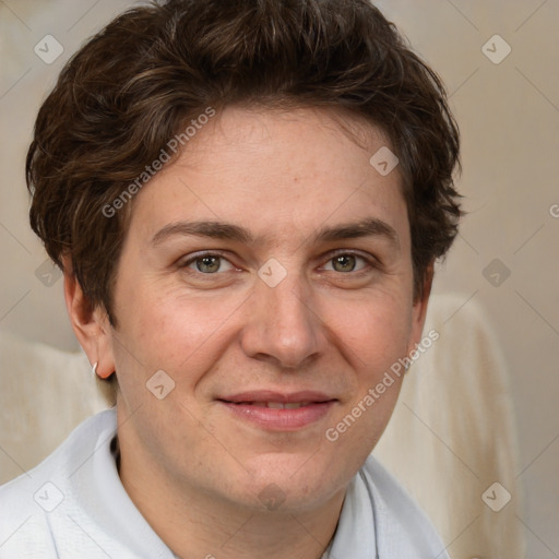 Joyful white adult female with short  brown hair and brown eyes