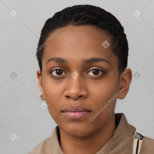 Neutral black young-adult female with short  black hair and brown eyes