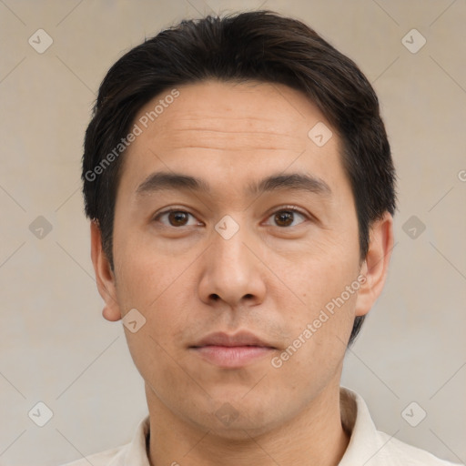 Neutral asian young-adult male with short  black hair and brown eyes