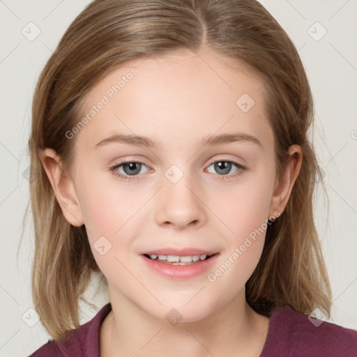 Joyful white child female with medium  brown hair and grey eyes