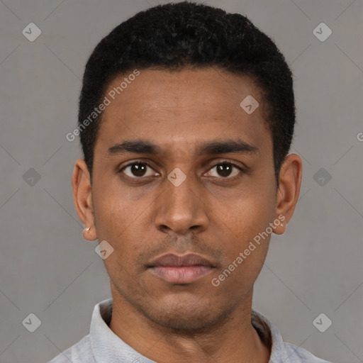 Neutral latino young-adult male with short  black hair and brown eyes