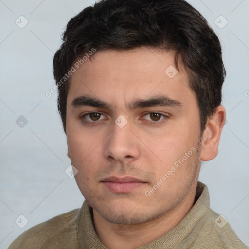 Neutral white young-adult male with short  brown hair and brown eyes