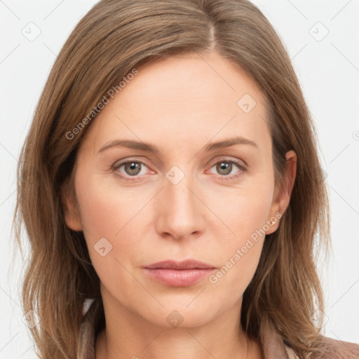 Neutral white young-adult female with long  brown hair and grey eyes