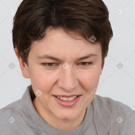 Joyful white young-adult female with short  brown hair and brown eyes