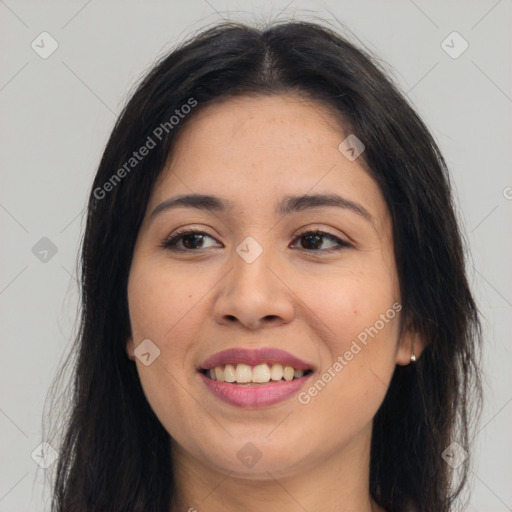 Joyful asian young-adult female with long  brown hair and brown eyes