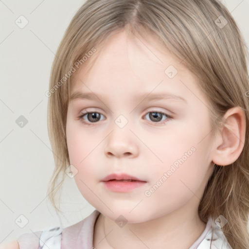 Neutral white child female with medium  brown hair and blue eyes