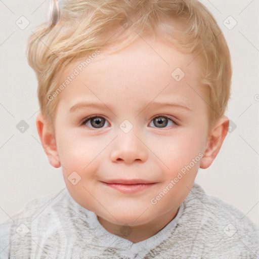 Joyful white child female with short  brown hair and blue eyes