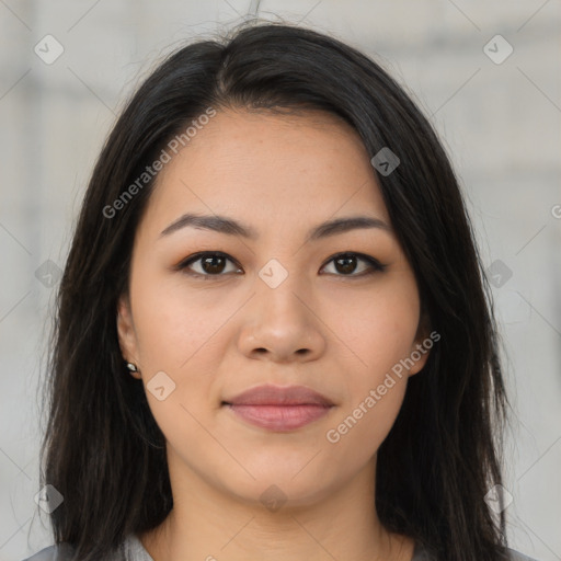 Joyful asian young-adult female with long  brown hair and brown eyes