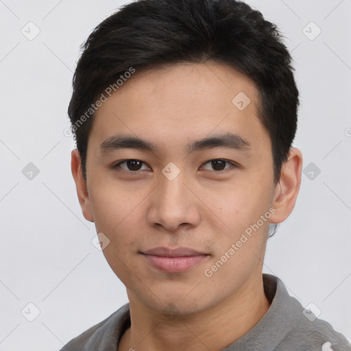 Neutral asian young-adult male with short  black hair and brown eyes