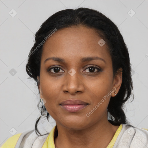 Joyful black young-adult female with medium  black hair and brown eyes