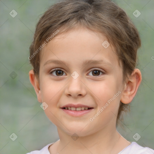 Joyful white child female with medium  brown hair and brown eyes