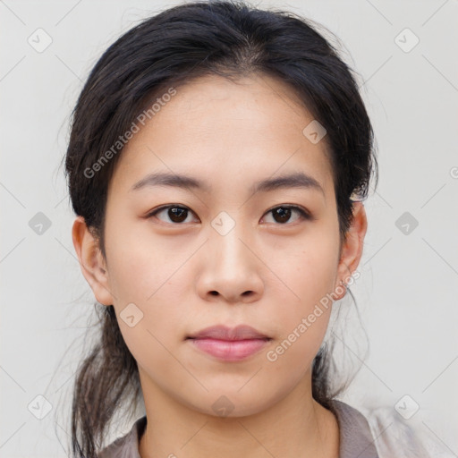 Neutral asian young-adult female with medium  black hair and brown eyes