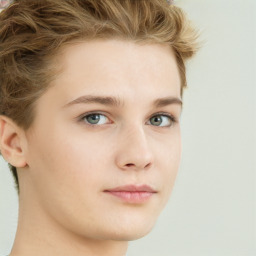 Neutral white young-adult female with short  brown hair and green eyes