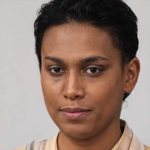 Neutral latino young-adult female with short  brown hair and brown eyes