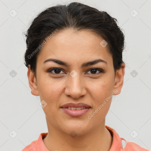 Joyful latino young-adult female with short  brown hair and brown eyes