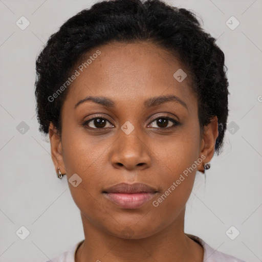 Neutral black young-adult female with short  brown hair and brown eyes