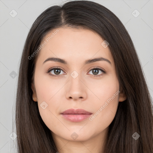 Neutral white young-adult female with long  brown hair and brown eyes