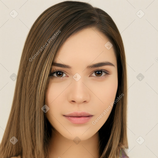 Neutral white young-adult female with long  brown hair and brown eyes