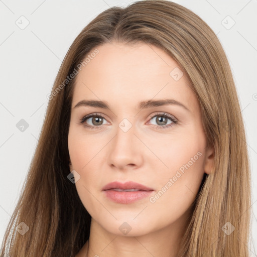 Neutral white young-adult female with long  brown hair and brown eyes