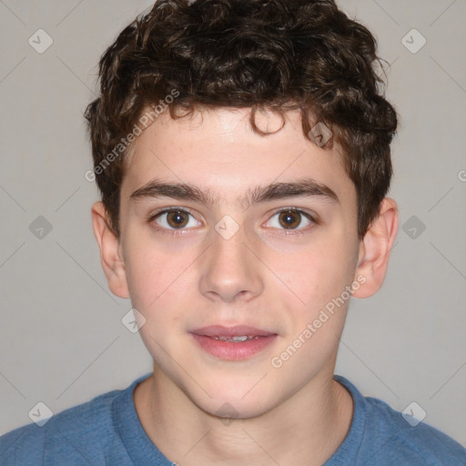 Joyful white child male with short  brown hair and brown eyes