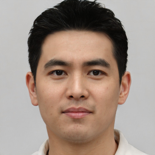 Neutral asian young-adult male with short  black hair and brown eyes