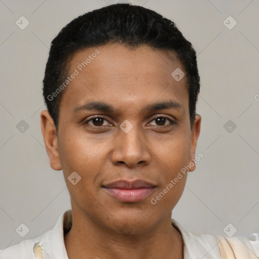 Joyful black young-adult male with short  brown hair and brown eyes