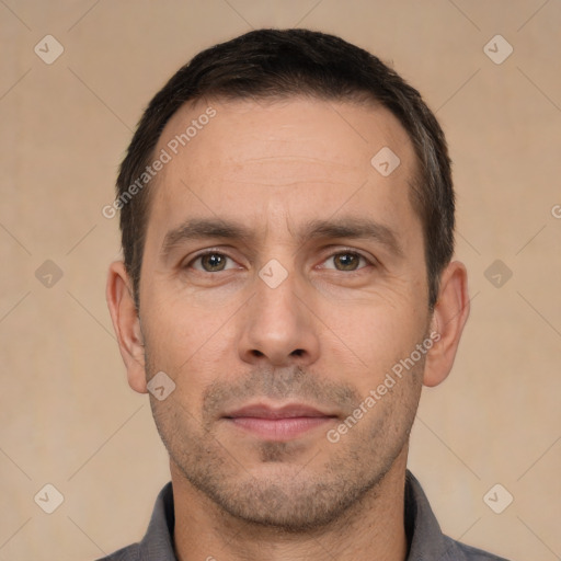 Neutral white adult male with short  brown hair and brown eyes